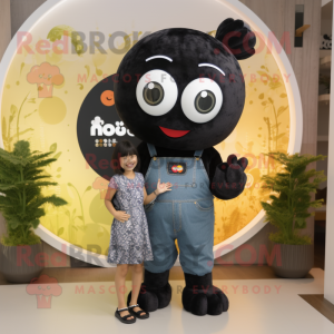 Black Miso Soup mascot costume character dressed with a Mom Jeans and Digital watches