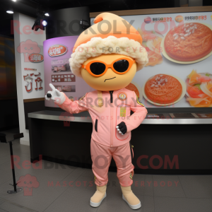 Peach Ramen mascot costume character dressed with a Moto Jacket and Caps