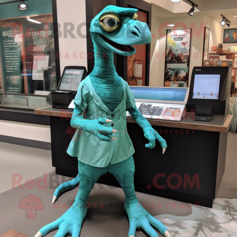 Teal Velociraptor mascot costume character dressed with a Shift Dress and Wallets