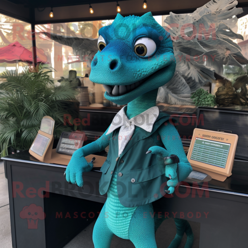 Teal Velociraptor mascot costume character dressed with a Shift Dress and Wallets