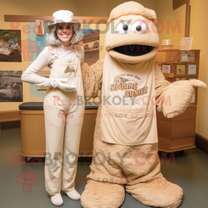 Beige Jambalaya mascot costume character dressed with a Mom Jeans and Shawl pins