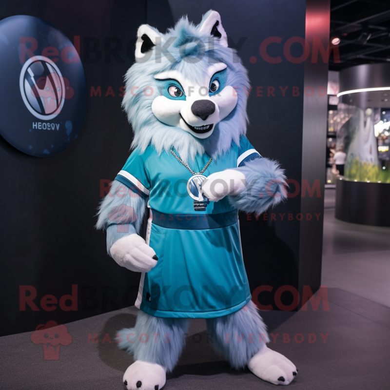 Cyan Say Wolf mascot costume character dressed with a Mini Dress and Bracelets