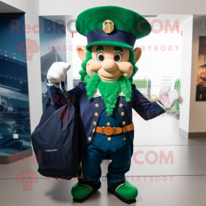Navy Leprechaun mascot costume character dressed with a Vest and Tote bags