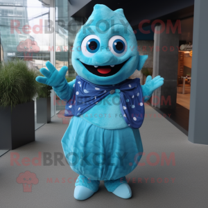 Cyan Cod mascot costume character dressed with a Maxi Dress and Mittens
