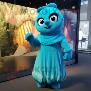Cyan Cod mascot costume character dressed with a Maxi Dress and Mittens