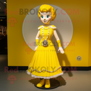 Yellow Irish Dancer mascot costume character dressed with a Ball Gown and Necklaces