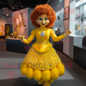 Yellow Irish Dancer mascot costume character dressed with a Ball Gown and Necklaces