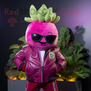 Magenta Turnip mascot costume character dressed with a Leather Jacket and Bracelets