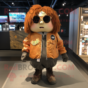 Rust Potato mascot costume character dressed with a Bomber Jacket and Hair clips