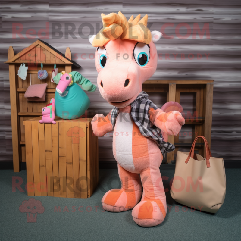 Peach Seahorse mascot costume character dressed with a Flannel Shirt and Tote bags