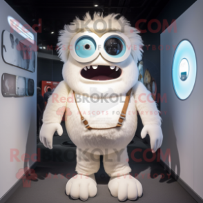 White Cyclops mascot costume character dressed with a Playsuit and Backpacks
