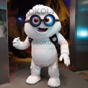 White Cyclops mascot costume character dressed with a Playsuit and Backpacks