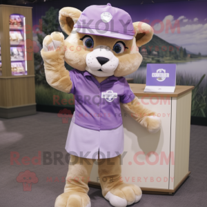 Lavender Mountain Lion mascot costume character dressed with a Mini Skirt and Hat pins