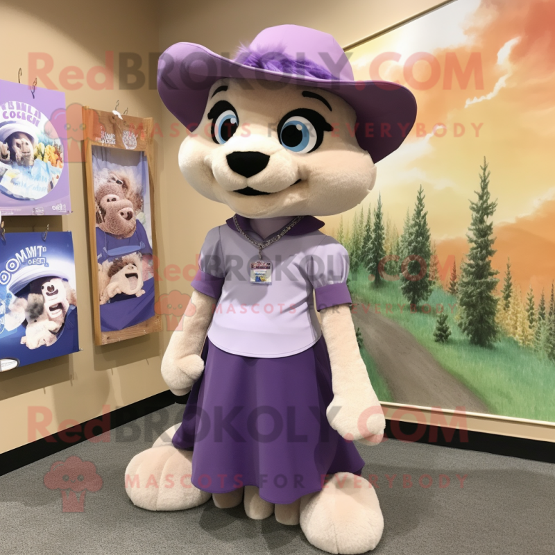 Lavender Mountain Lion mascot costume character dressed with a Mini Skirt and Hat pins