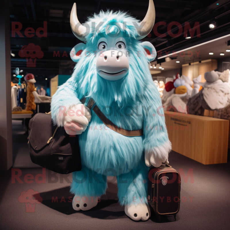 Sky Blue Yak mascot costume character dressed with a Jacket and Wallets