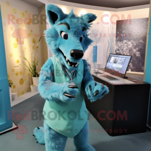 Cyan Hyena mascot costume character dressed with a Shift Dress and Cufflinks