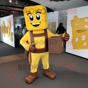 Yellow Chocolate Bar mascot costume character dressed with a Jumpsuit and Briefcases