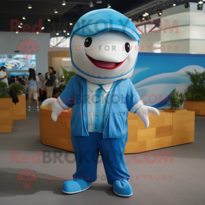 Beige Blue Whale mascot costume character dressed with a Jumpsuit and Necklaces