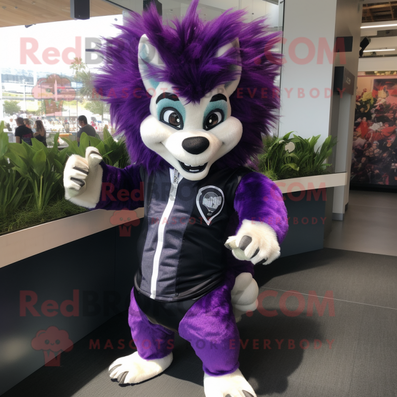 Purple Skunk mascot costume character dressed with a Rash Guard and Keychains