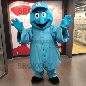 Teal Baseball Glove mascot costume character dressed with a Raincoat and Cummerbunds