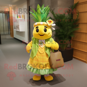 nan Pineapple mascot costume character dressed with a Wrap Skirt and Messenger bags