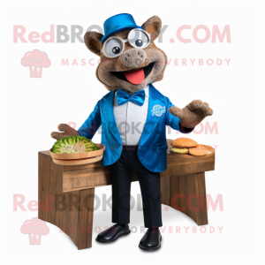Blue Pulled Pork Sandwich mascot costume character dressed with a Blazer and Bow ties
