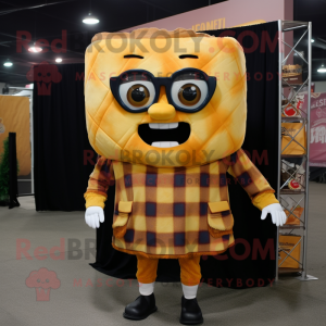 Gold Grilled Cheese Sandwich mascot costume character dressed with a Flannel Shirt and Eyeglasses