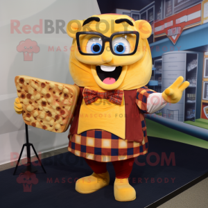 Gold Grilled Cheese Sandwich mascot costume character dressed with a Flannel Shirt and Eyeglasses