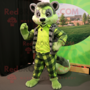 Lime Green Civet mascot costume character dressed with a Flannel Shirt and Watches