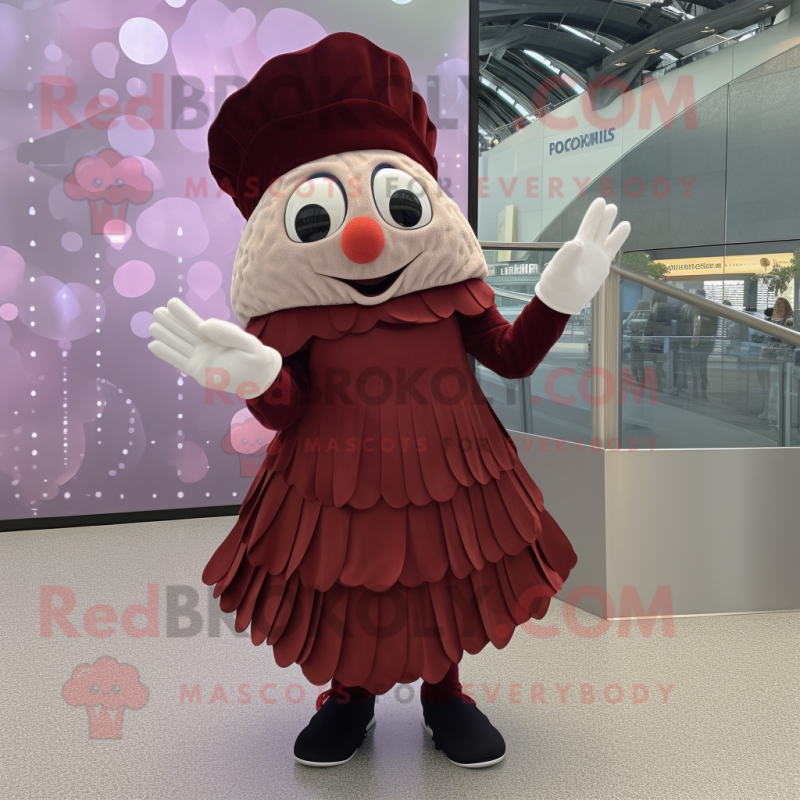 Maroon Oyster mascot costume character dressed with a Pleated Skirt and  Mittens