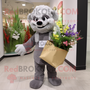 Gray Bouquet Of Flowers mascot costume character dressed with a Dress Pants and Tote bags
