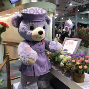 Lavender Teddy Bear mascot costume character dressed with a Midi Dress and Berets