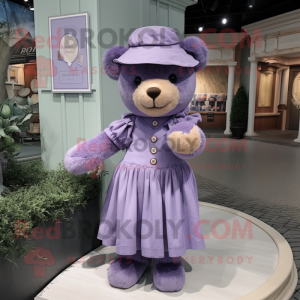 Lavender Teddy Bear mascot costume character dressed with a Midi Dress and Berets
