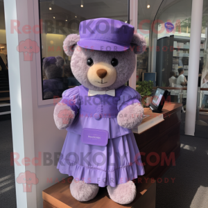 Lavender Teddy Bear mascot costume character dressed with a Midi Dress and Berets