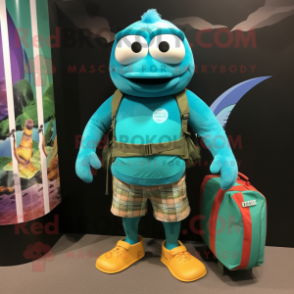 Teal Cod mascot costume character dressed with a Board Shorts and Tote bags