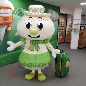 Cream Green Beer mascot costume character dressed with a Wrap Skirt and Briefcases