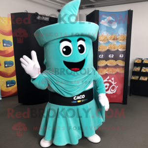 Cyan Nachos mascot costume character dressed with a Maxi Dress and Gloves