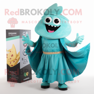 Cyan Nachos mascot costume character dressed with a Maxi Dress and Gloves