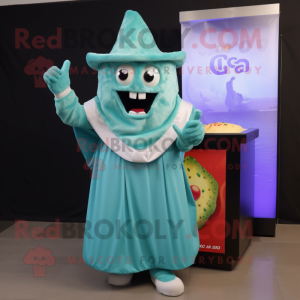 Cyan Nachos mascot costume character dressed with a Maxi Dress and Gloves