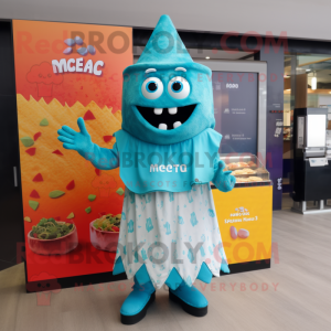 Cyan Nachos mascot costume character dressed with a Maxi Dress and Gloves