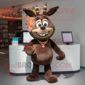 Brown Reindeer mascot costume character dressed with a T-Shirt and Wraps