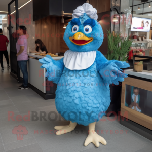 Blue Fried Chicken mascot costume character dressed with a Shift Dress and Earrings