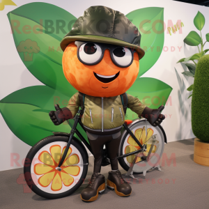 Olive Grapefruit mascot costume character dressed with a Biker Jacket and Backpacks