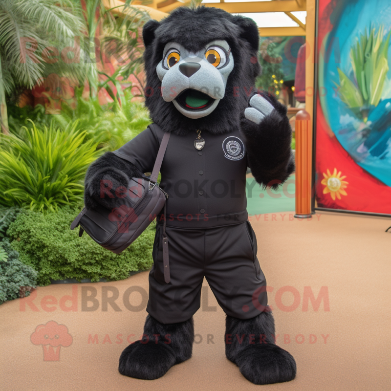 Black Tamer Lion mascot costume character dressed with a Bermuda Shorts and Messenger bags