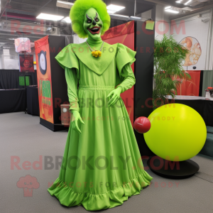 Lime Green Evil Clown mascot costume character dressed with a Maxi Dress and Coin purses