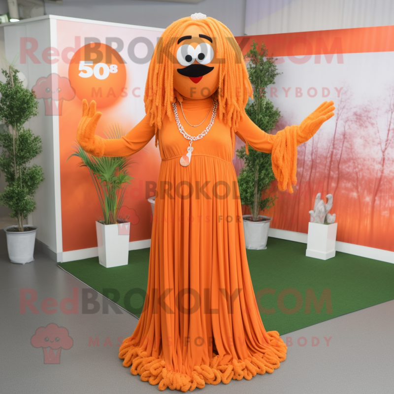 Orange Spaghetti mascot costume character dressed with a Maxi Dress and Necklaces