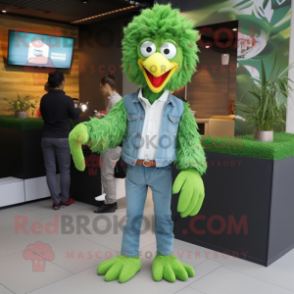 Green Fried Chicken mascot costume character dressed with a Skinny Jeans and Ties