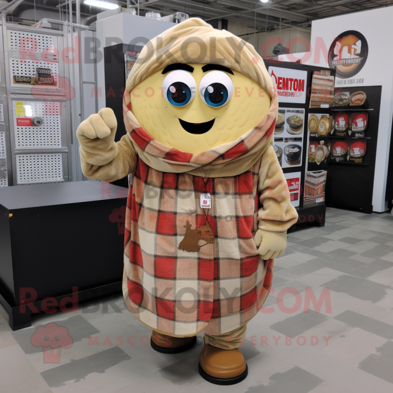 Tan Ramen mascot costume character dressed with a Flannel Shirt and Rings