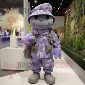 Lavender Army Soldier mascot costume character dressed with a Parka and Pocket squares
