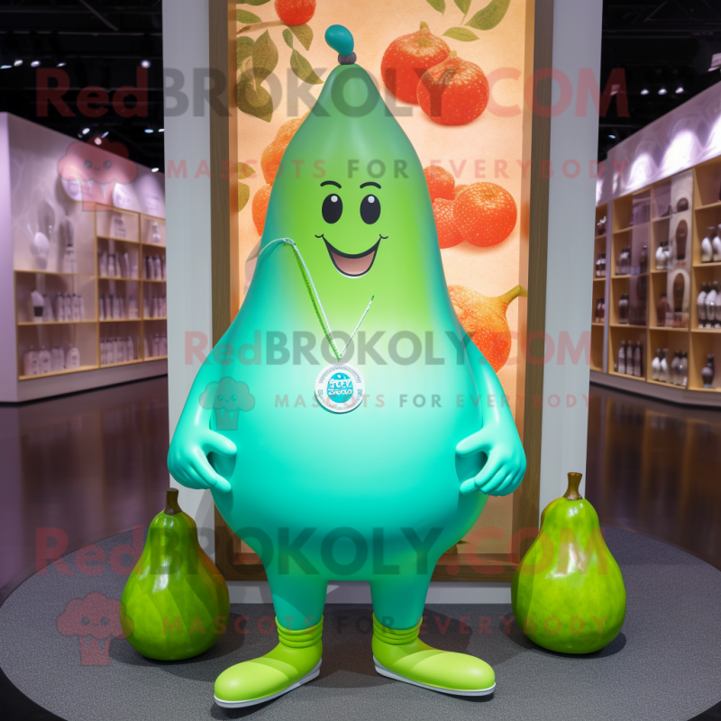 Cyan Pear mascot costume character dressed with a Yoga Pants and Necklaces